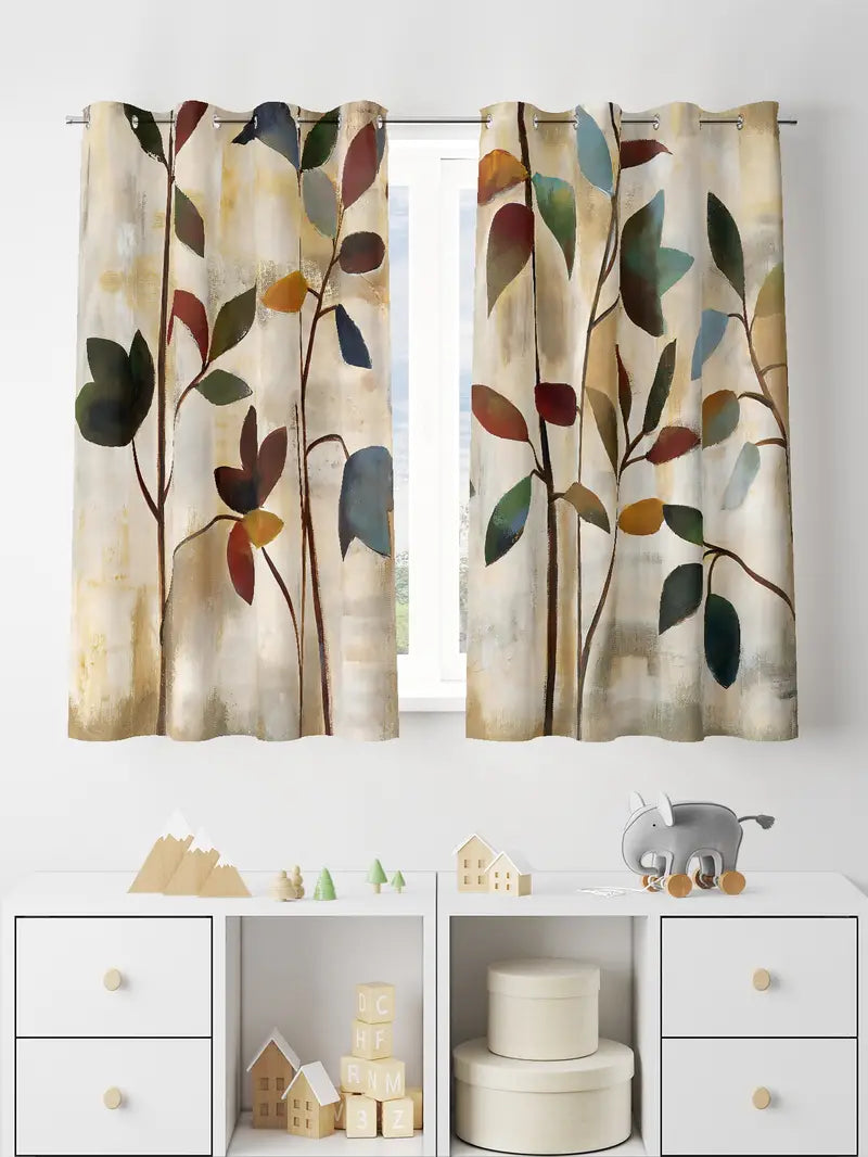 Artistic Curtains with Hand-Painted Leaves (Set of 2)
