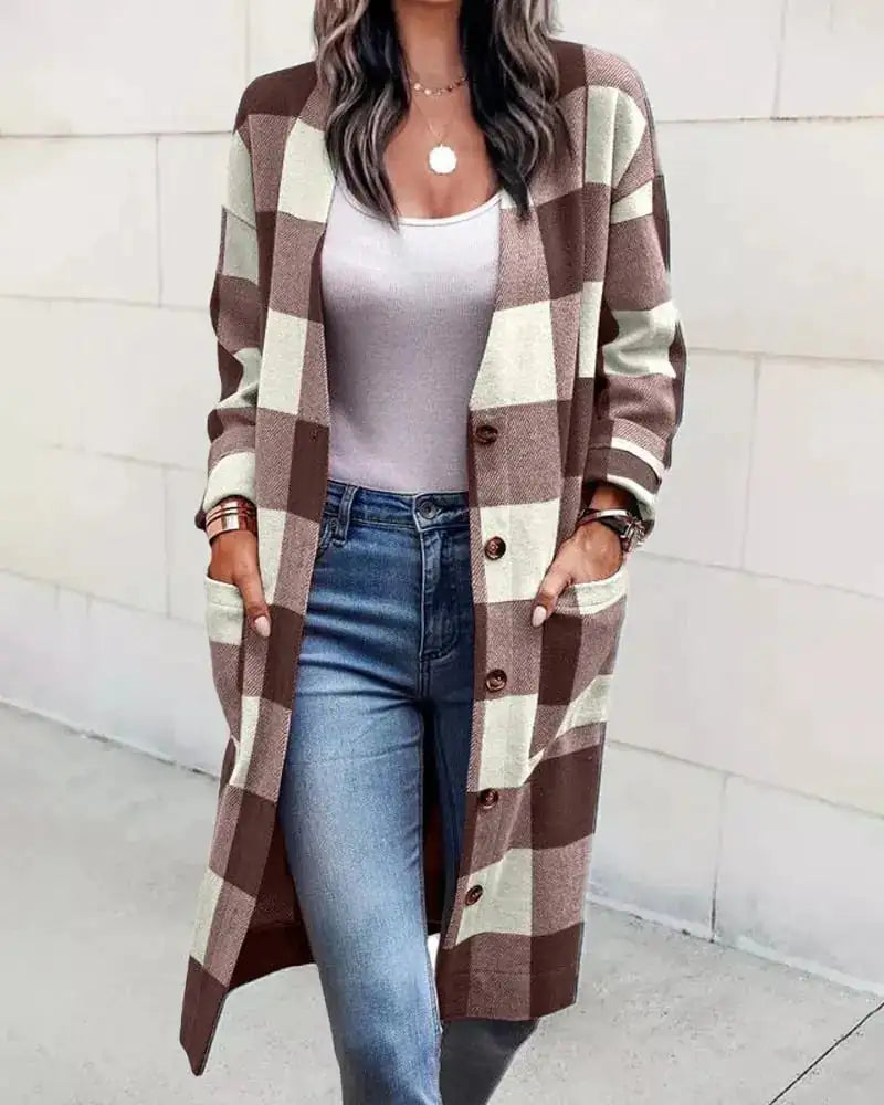 Women's Loose Plaid Woolen Coat with Button Pockets