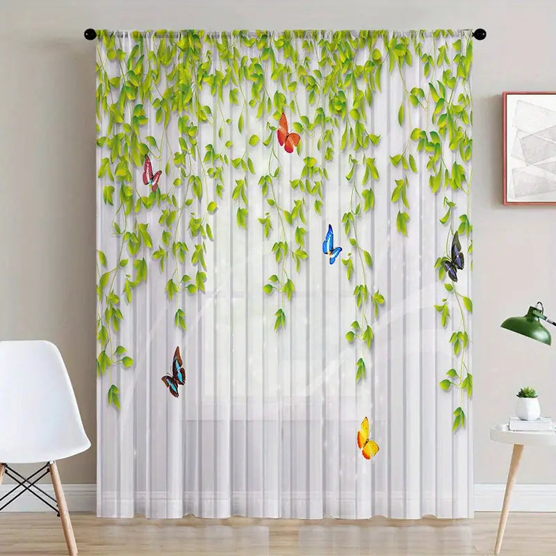 Butterfly Green Leaf Semi-Sheer Curtain with Rod Pocket
