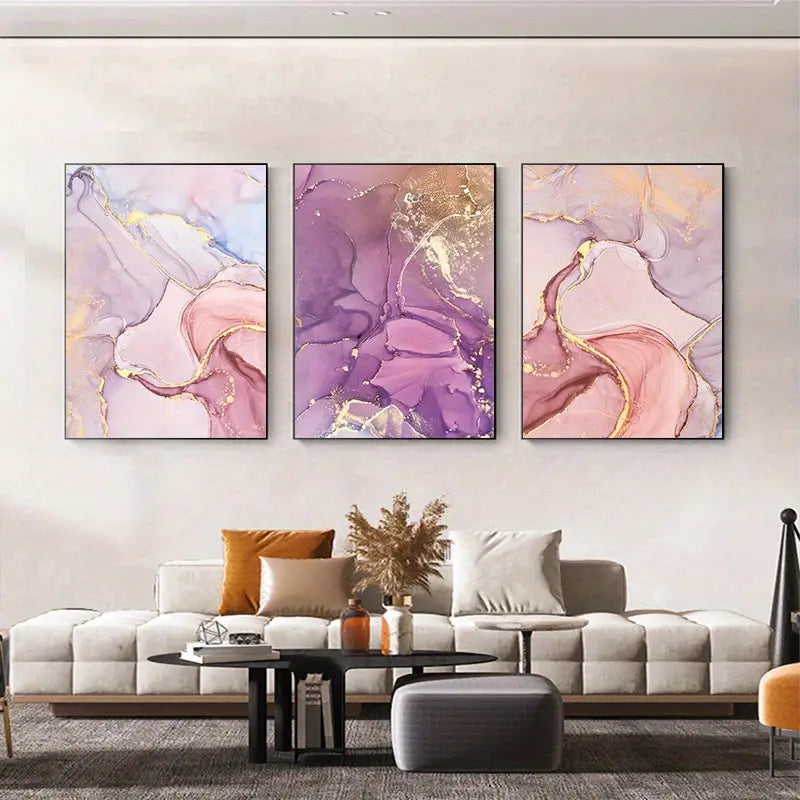 3pcs Pink Purple Golden Marble Liquid Art Wall Posters