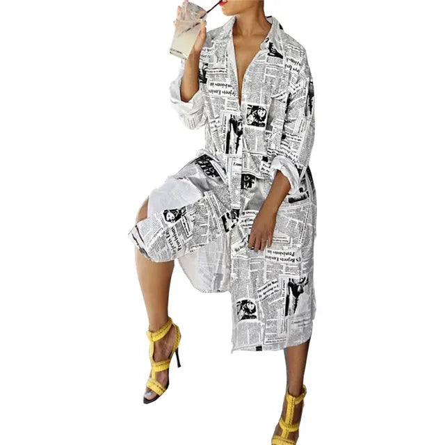 Oversized Newspaper Print Long Sleeve Shirt Dress