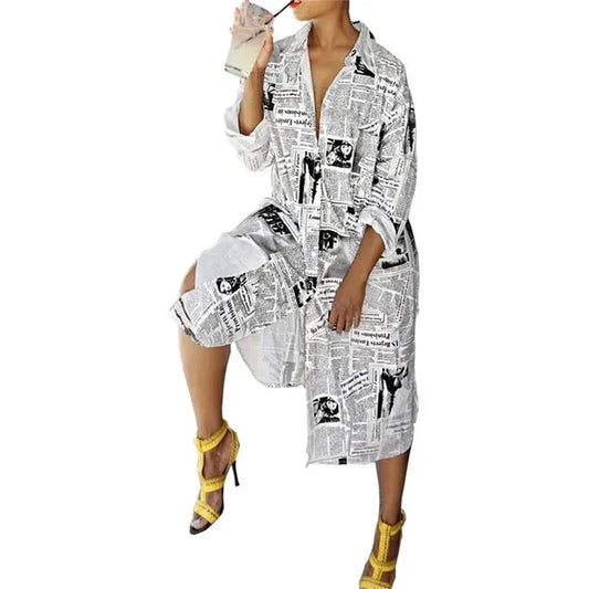 Oversized Newspaper Print Long Sleeve Shirt Dress