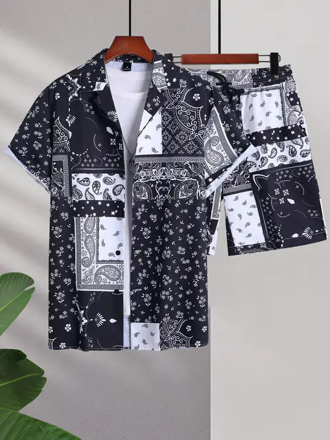 Men's 3D Printed Retro Ethnic Beach Shirt Set