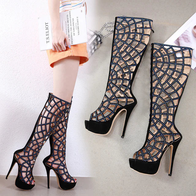 Hollow Rhinestone High Heels, Knee-High Boots, Plus Size