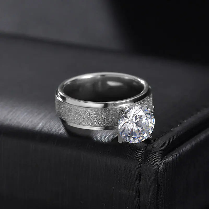 Simple Stainless Steel Ring with Round Zircon Ornament
