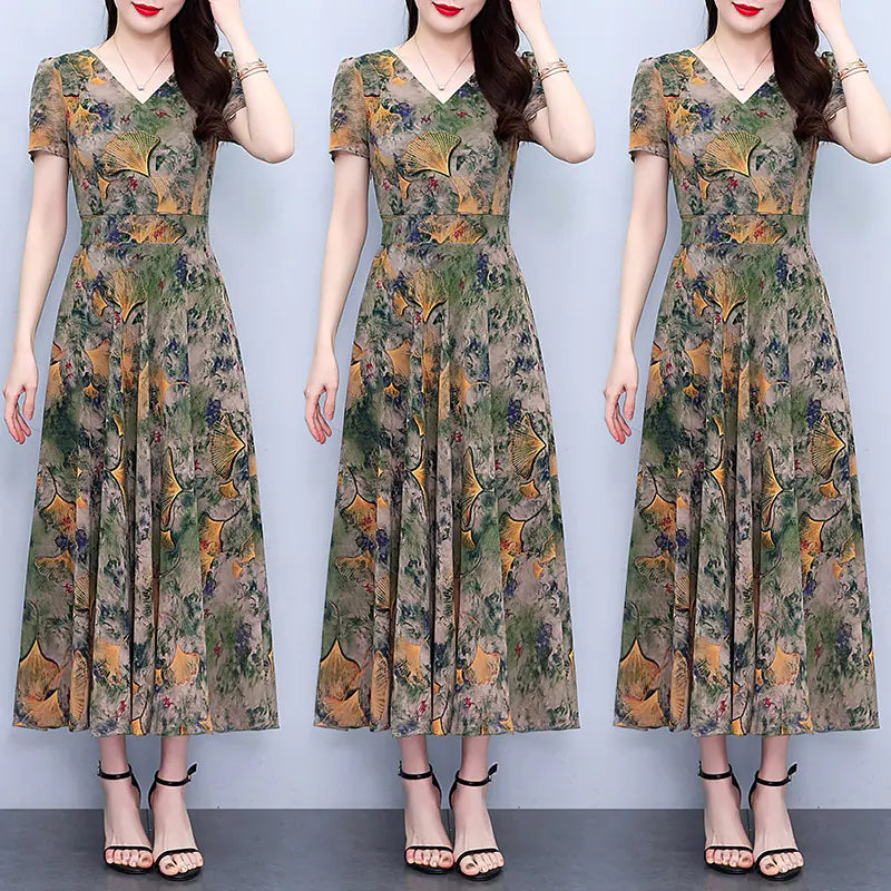 Plus Size Chiffon Floral Dress for Spring and Autumn