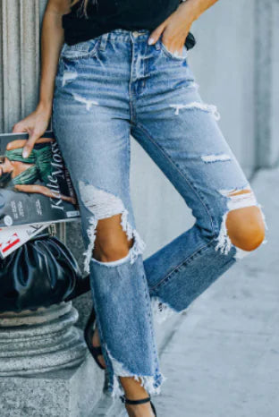 Sky Blue Ripped High Waist Jeans for Street Style