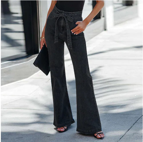 High Rise Bow Tie Tummy Control Flared Hem Jeans