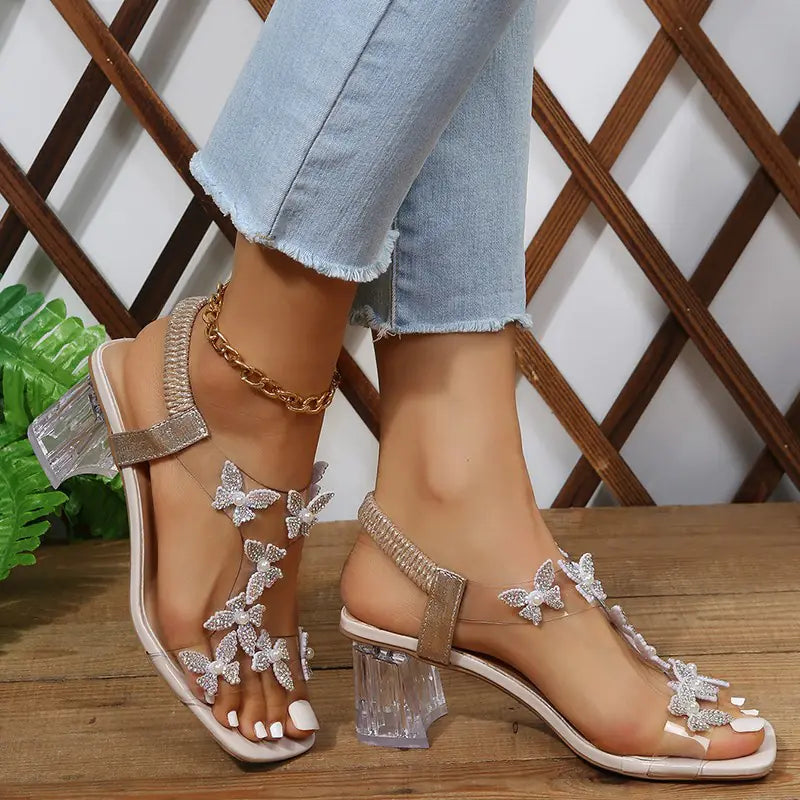 Women's High-Heeled Slip-On Sandals with Rhinestones
