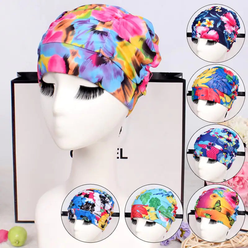 Pleated Swim Cap for Adults - Cute Print & Solid Color