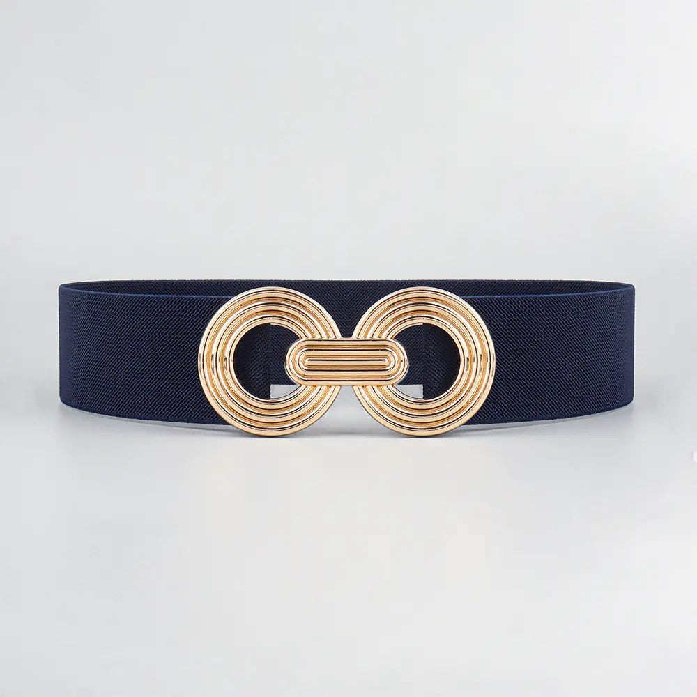 Women's Black Geometric Belted Dress with Metal Buckle