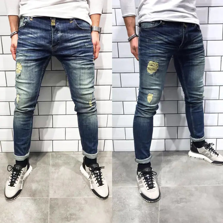 Men's Small Hole Denim Jeans - New European Style
