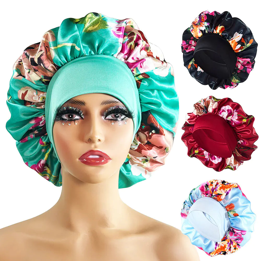 Wide-brimmed Satin Printed Nightcap Home Hat