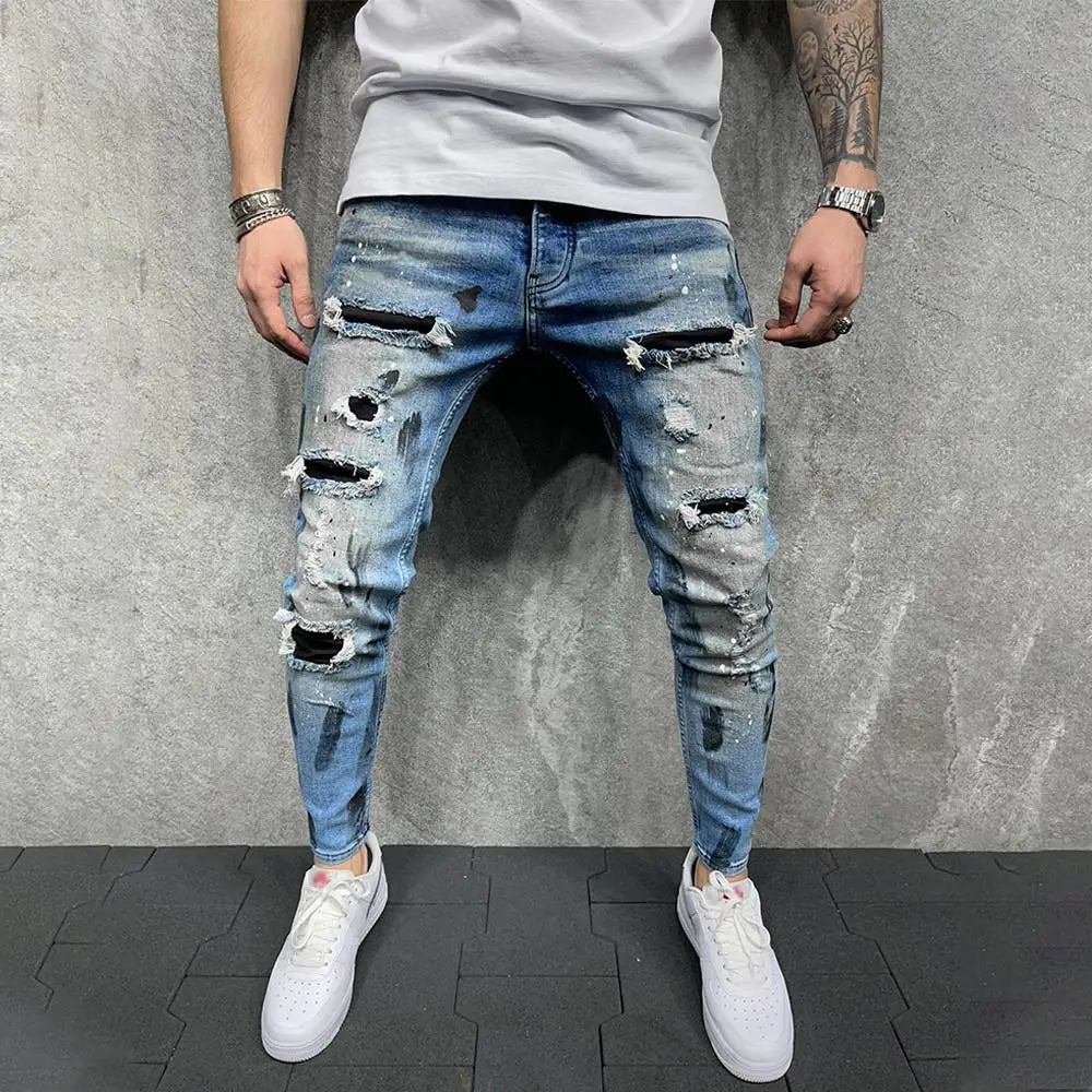 Slim Ripped Stitching Skinny Jeans for Men