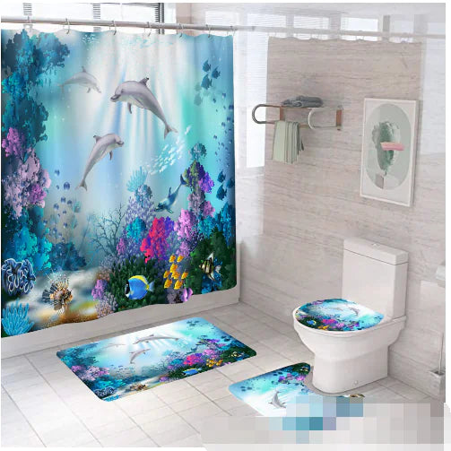 3D Ocean Underwater Shower Curtain & Bath Mat Set