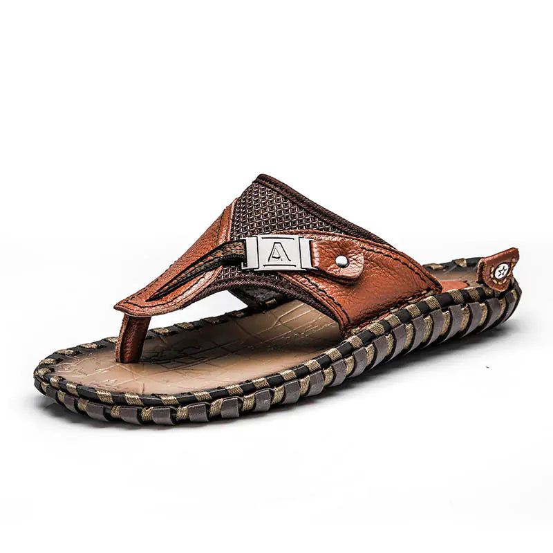 Handmade Cow Leather Men's Massage Beach Flip-Flops