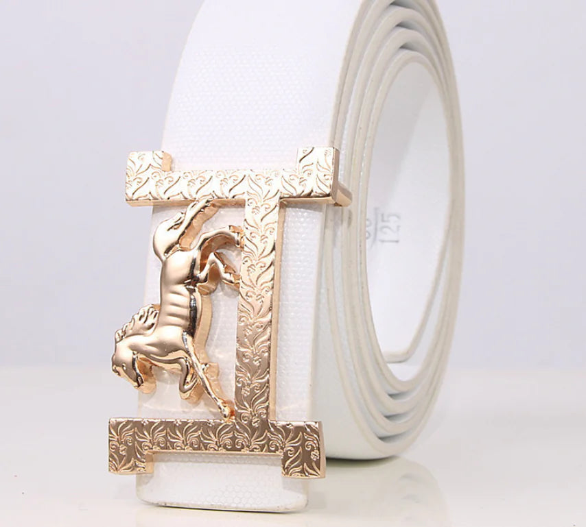 H Leather Belt with Gold Buckle for Men and Women