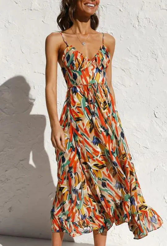 CICIE Colorful Midi Dress with Ruffle Hem (One Piece)