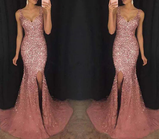 WOLFF Casual Deep V Sequin Dress (One Piece)