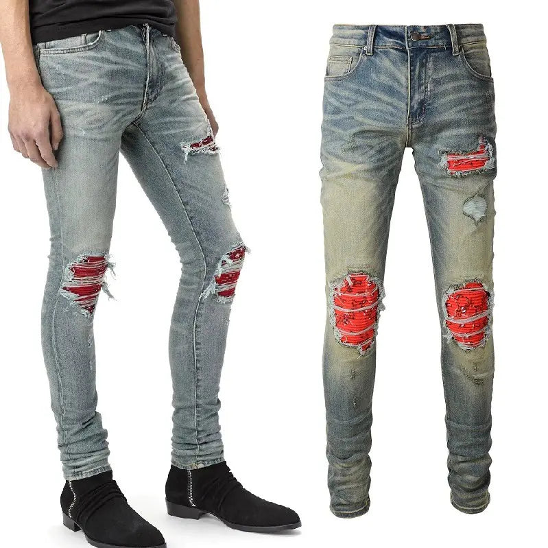 Men's Light Colored Elastic Pleated Red Printed Jeans