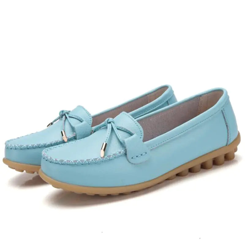 Women's Casual Leather Flat Shoes with Bow Detail