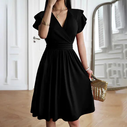 WOLFF Women's Elegant Midi Dress with V-Neck (One Piece)