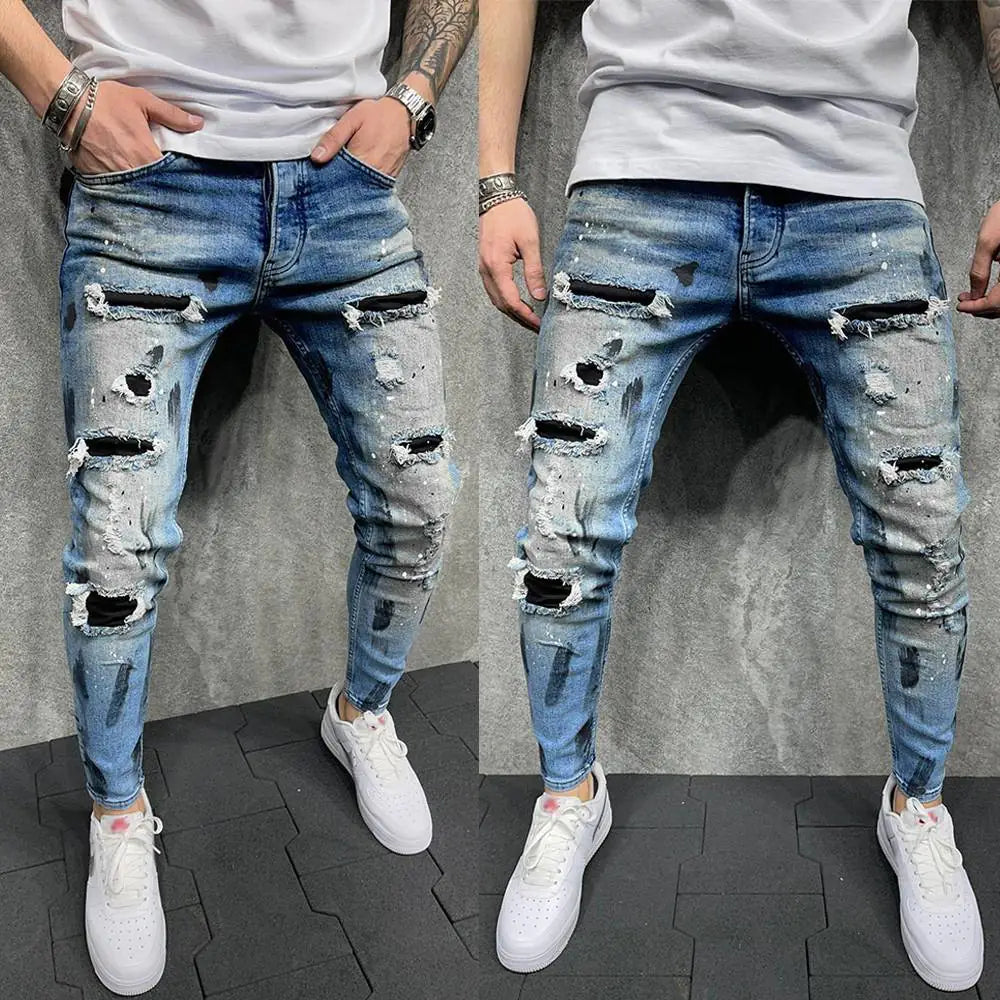 Slim Ripped Stitching Skinny Jeans for Men