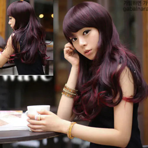 Korean Style Long Wavy Wig with Bangs - High-Temperature Fiber