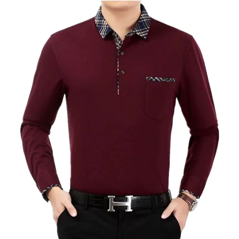 Men's Casual Long Sleeve Cotton Polo T-Shirt with Pocket