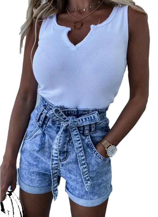 Snowflake High Waist Lace-Up Denim Shorts