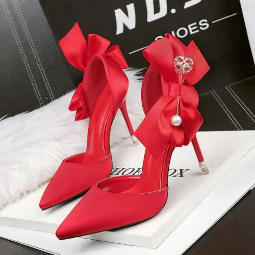 Korean Style Red Rhinestone High Heels with Bow