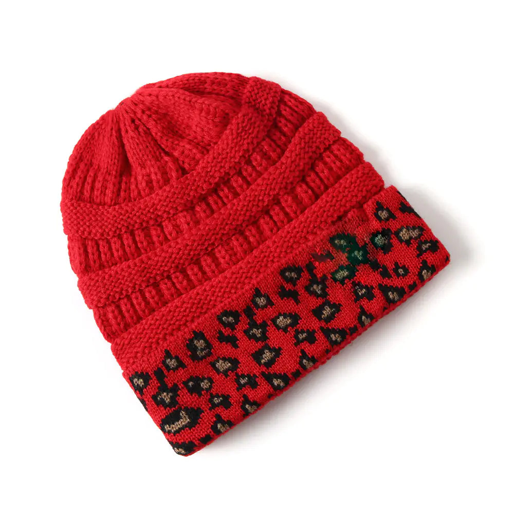 Warm Leopard Print Knitted Beanie Hat for Women