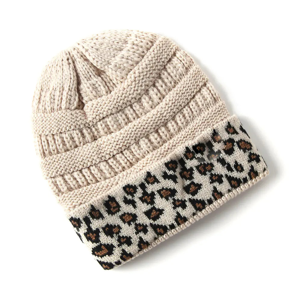 Warm Leopard Print Knitted Beanie Hat for Women