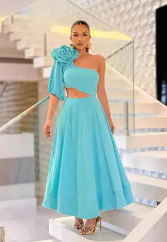 Morato Dress with Floral Design and Asymmetrical Sleeve