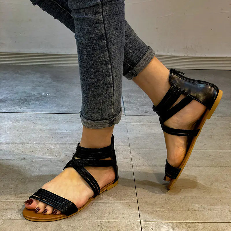 Flat Color Block Zipper Casual Roman Sandals