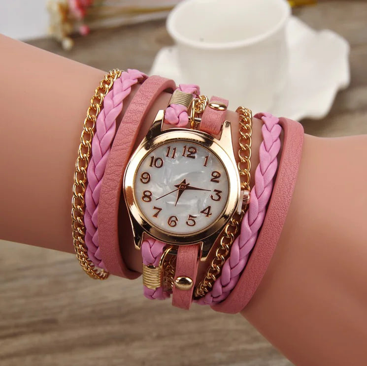 PU Leather Woven Bracelet Watch with Quartz Chain