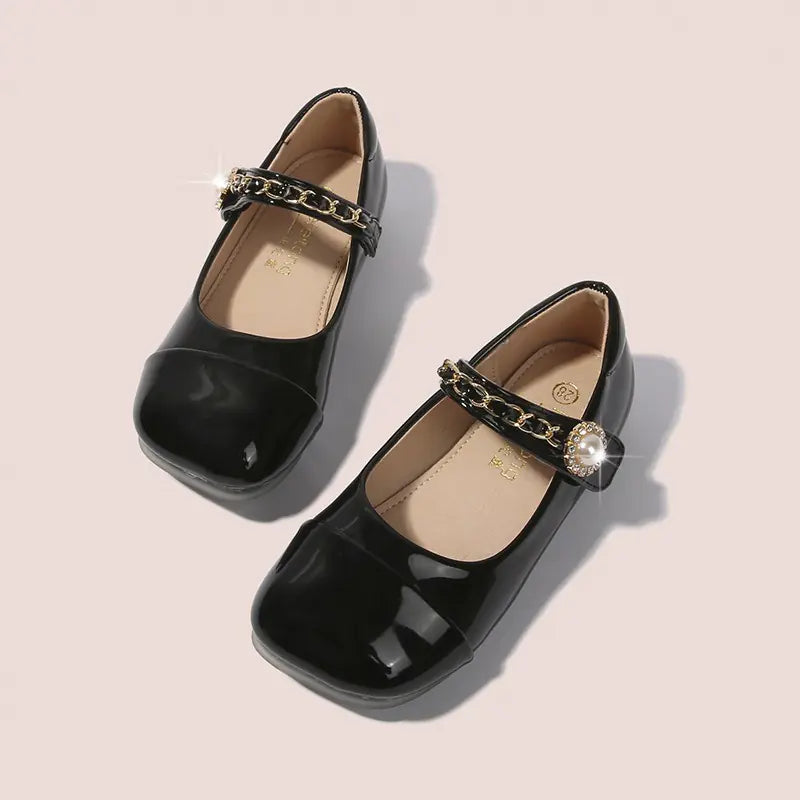 Kids Leather Mary Jane Flat Shoes with Pearl Chain