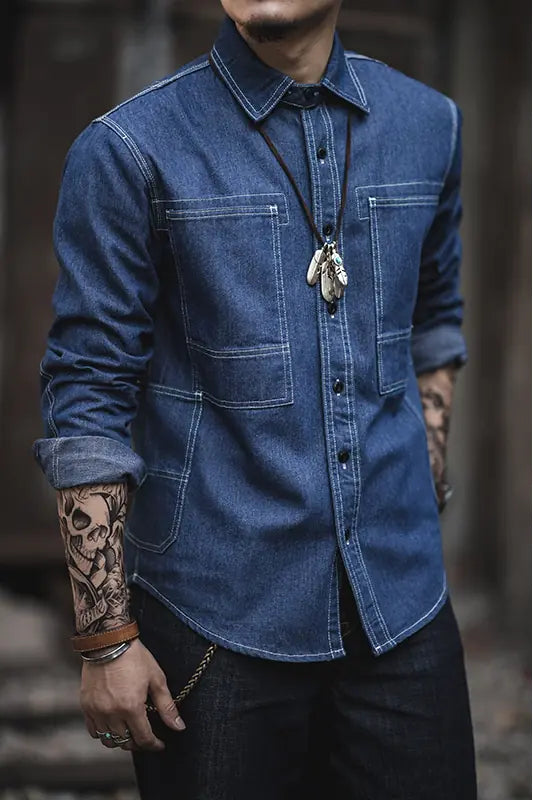 High-Quality Heavy Denim Vintage Work Shirt for Men