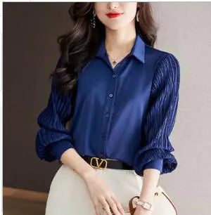 Brezza Silk Satin Balloon Sleeve Pleated Blouse (One Piece)