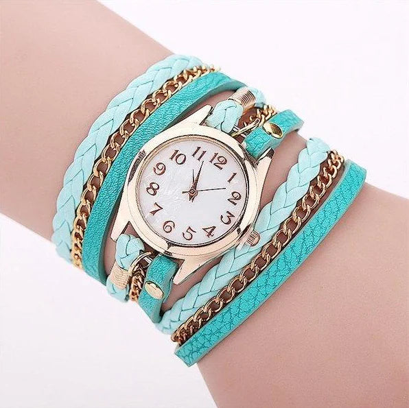 PU Leather Woven Bracelet Watch with Quartz Chain