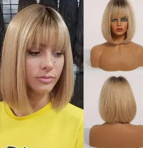 Front Lace Wig with Bangs - 25cm Gold Bob (One Piece)