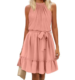 Straw Crossbody Bag and Solid Color Halter Dress (One Piece)