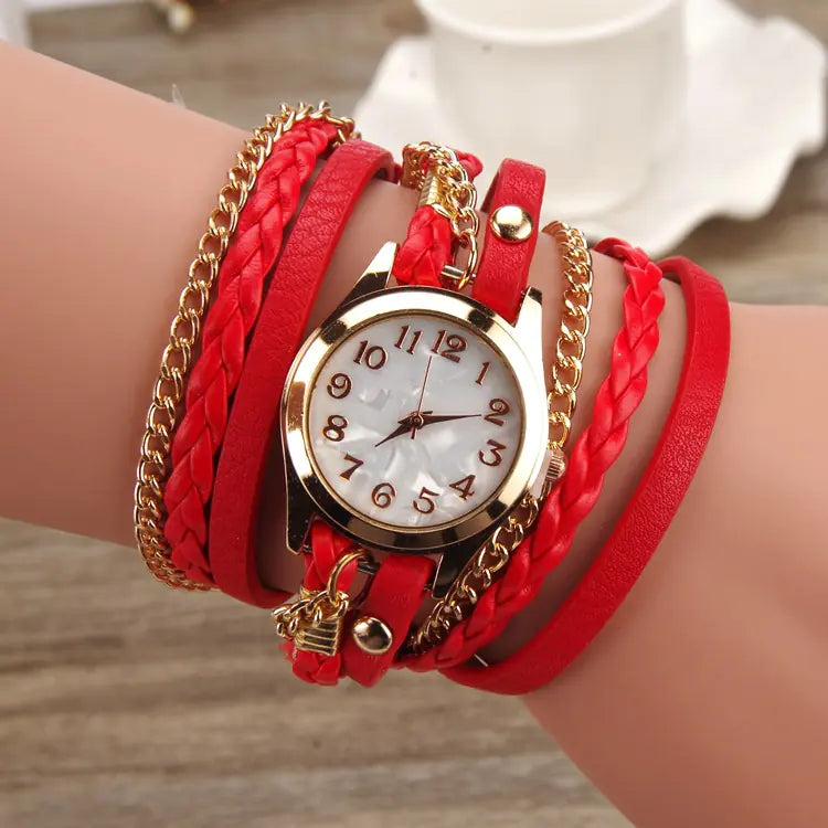 PU Leather Woven Bracelet Watch with Quartz Chain