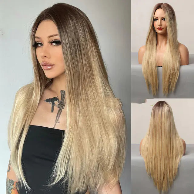 Fashion Long Straight Brown Grey Wig for Women