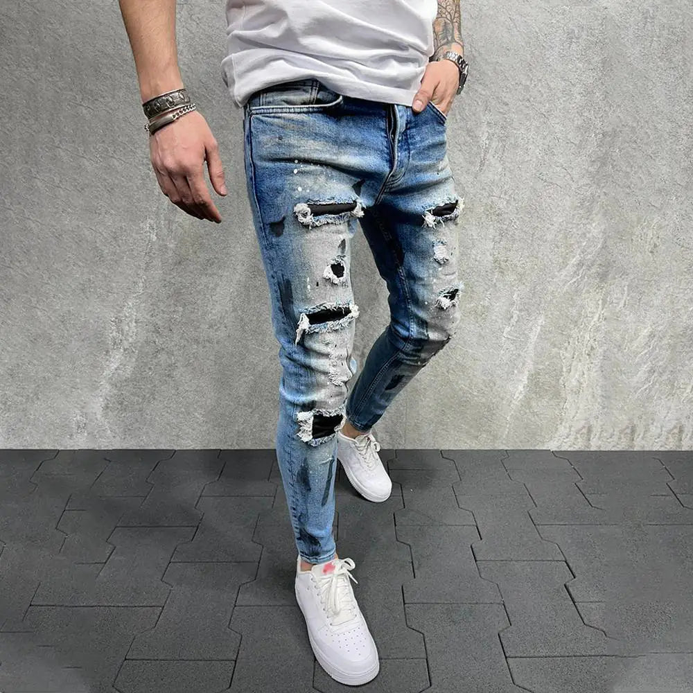 Slim Ripped Stitching Skinny Jeans for Men
