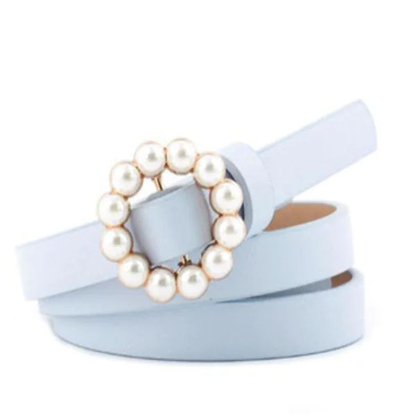 Faux Leather Pearl Belt with Decorative Buckle