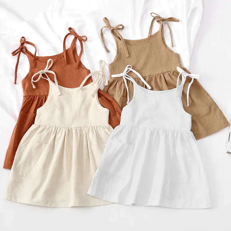 Girls Summer Solid Color Cotton Linen Sling Dress