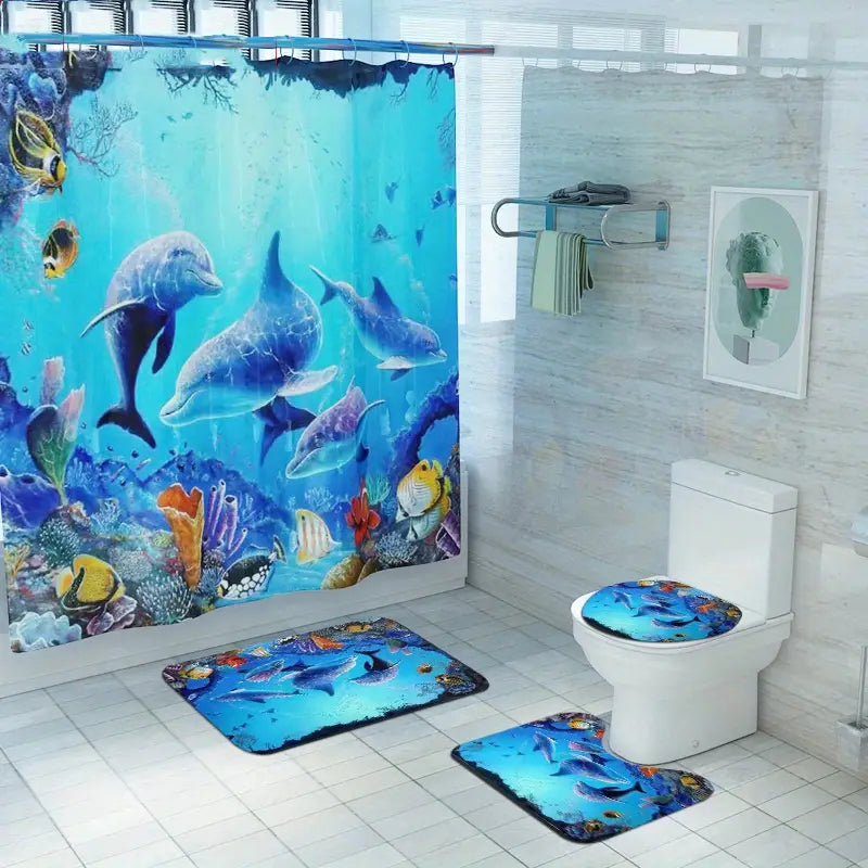 3D Ocean Underwater Shower Curtain & Bath Mat Set