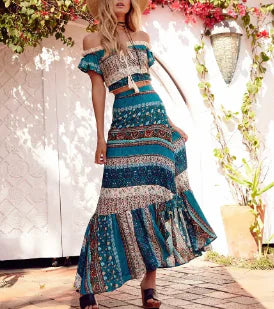 Tribal Print Set with Off-Shoulder Long Dress (One Piece)