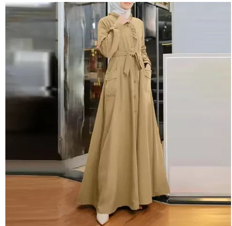 Solid Color Lace Collar Long Sleeve Waist Tie Dress